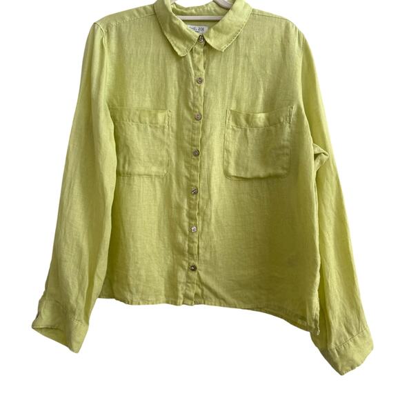 Rachel Zoe 100% Linen Green Chartreuse Collar Button Down Blouse - Picture 1 of 8